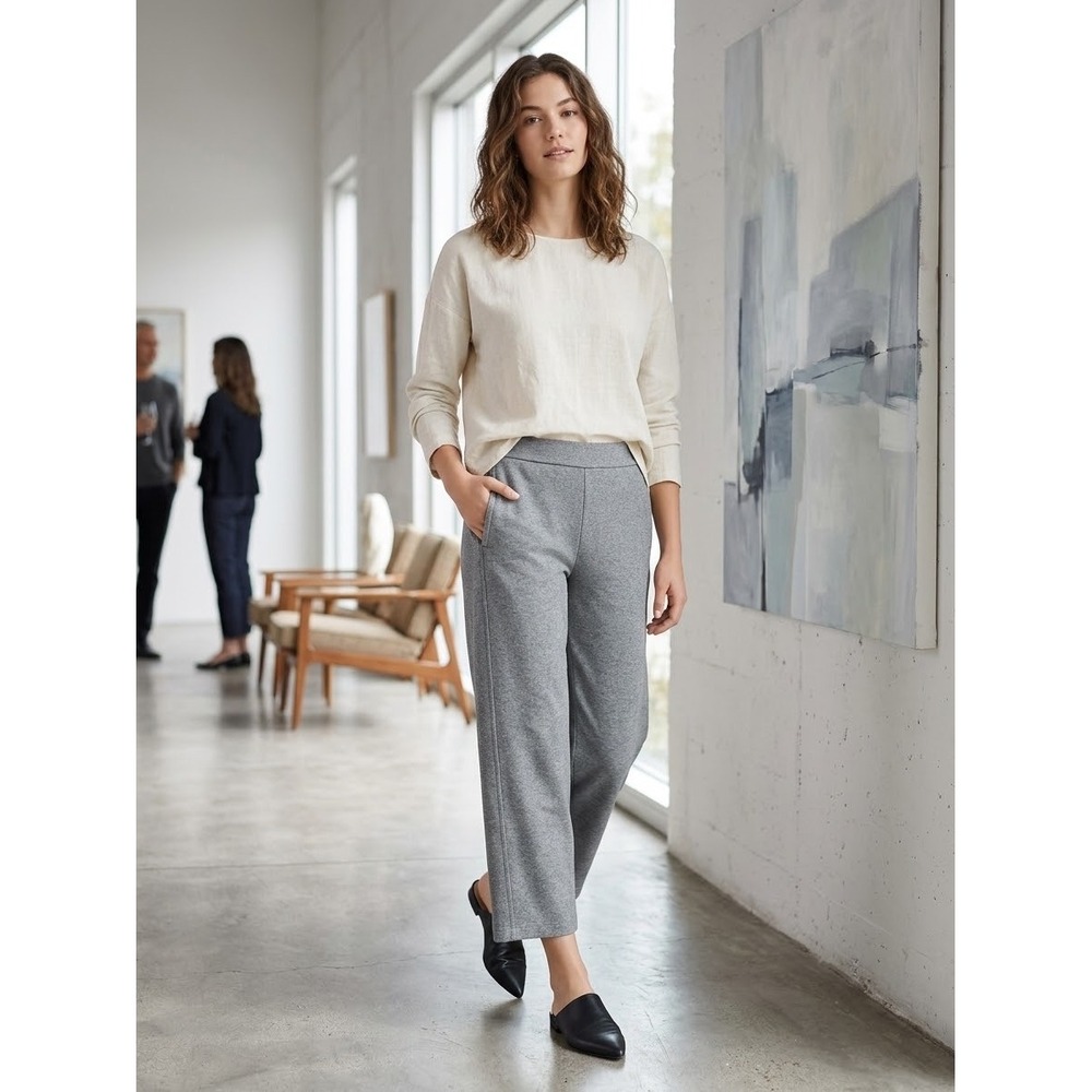 Eileen Fisher Grey Organic Cotton Stretch Jersey Wide Leg Pants Large L GDH